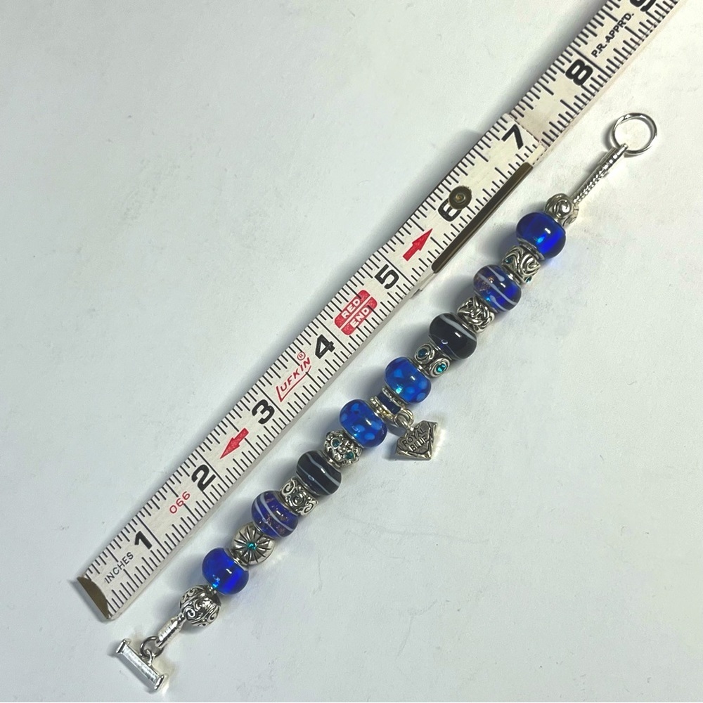 Royal Blue Art Glass Bead Silver Charm Bracelet 8" - Picture 5 of 7